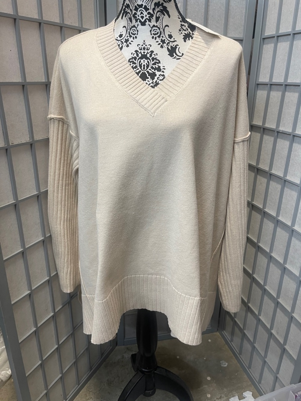 By Together Cream V-Neck Oversized Ribbed-Sleeve Sweater